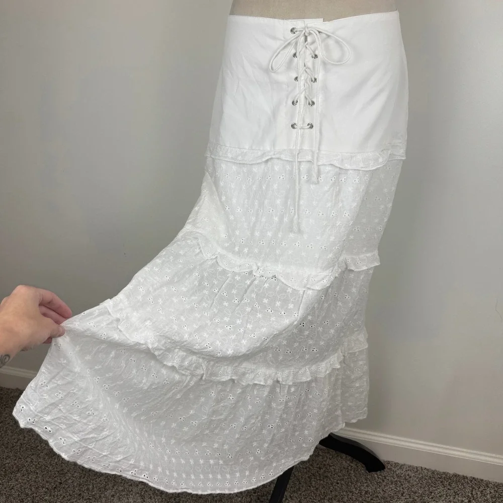 Over Kleshas White Eyelet Lace Up Tiered Boho Maxi Skirt Cottagecore Size Large